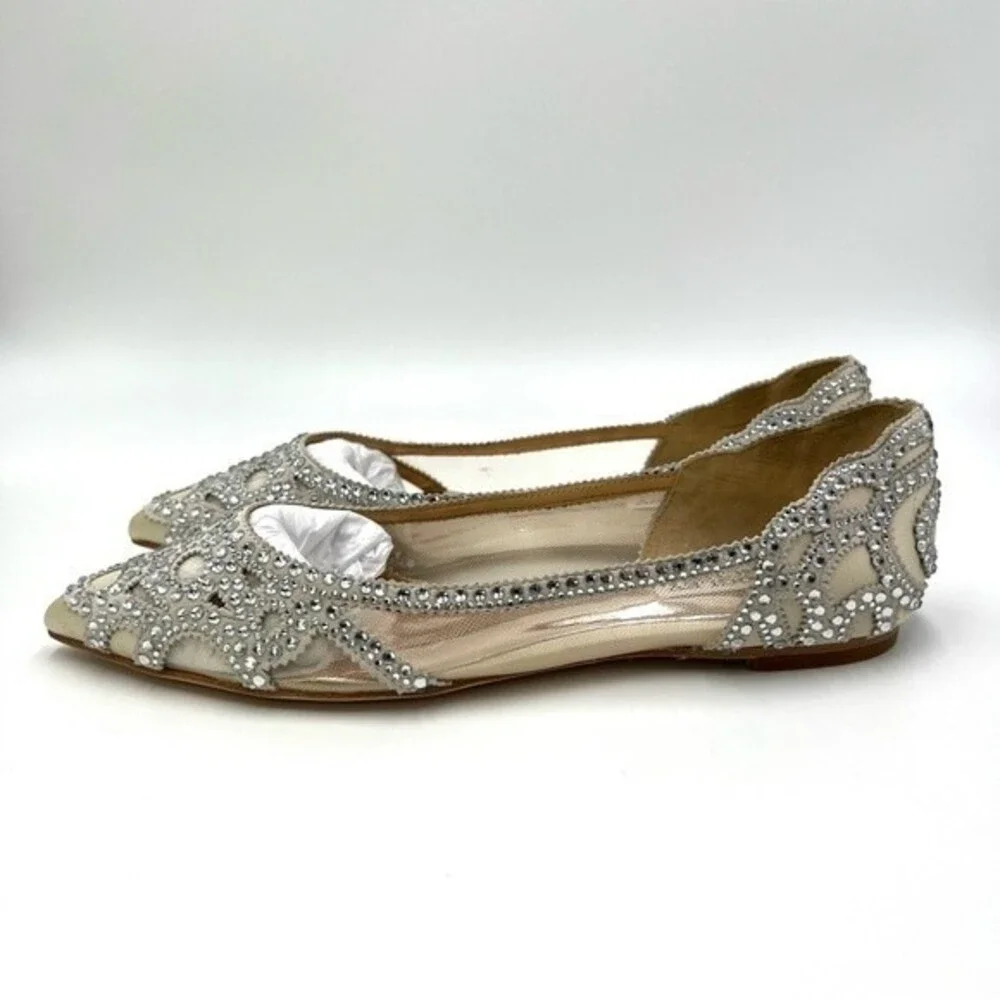 Badgley Mischka BHLDN Size 6.5 Gigi Point Toe‎ Jeweled Ivory Ballet Flats Shoes